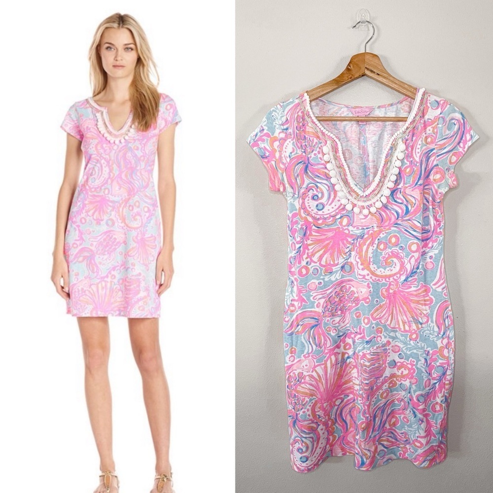 Lilly Pulitzer Harper Shift Dress Too Much Bubbly Pink Pout Cotton/Linen‎